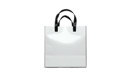 A glossy white shopping bag with black handles centered against a black background