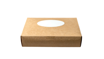A closed, plain square cardboard box with a white oval sticker on top against black