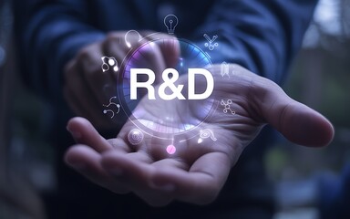 Futuristic R&D Concept Human Hand Interacting with Digital Innovation Display