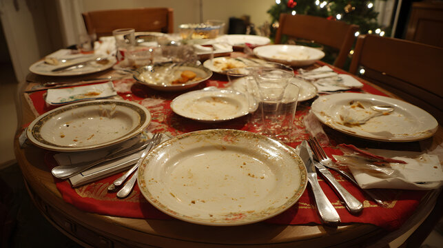 una mesa de comedor con trastes sucios un dia despues de la cena de navidad o de la celebracion navide&ntilde;a en fiestas decembrinas union y familia en convivencia 