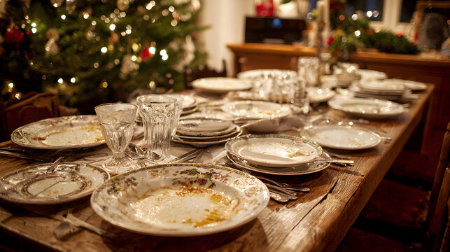 una mesa de comedor en una casa acogedora con el arbol de navidad al fondo la mesa con platos sucios despues de la cena navide&ntilde;a en familia para celebrar la navidad 