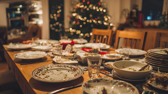 una mesa de comedor con platos sucios despues de la cena de navidad con el arbol navideño al fondo celebraciones navideñas y convencia en familia