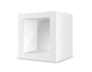 A plain, three-dimensional, white cube, showcasing an interior window