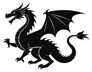 A majestic dragon in a solid black silhouette against a white backdrop