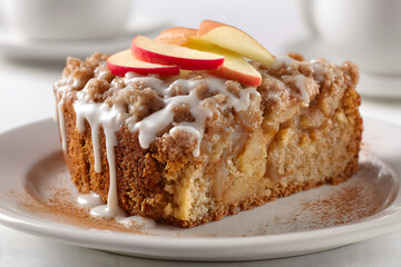 Delicious apple crumb cake with icing and fresh apple slices on a white plate in a bright presentation setting