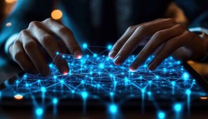 Person interacting with a digital tablet displaying interconnected blue glowing network nodes symbolizing technology and data connection