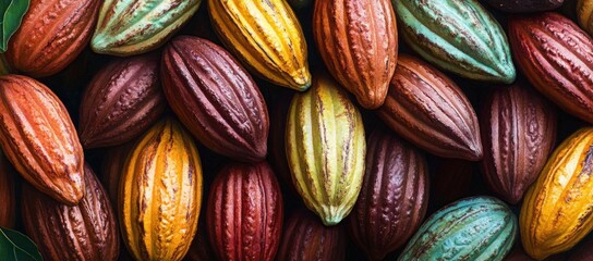 Close-up of colorful cacao pods in various shades of orange, yellow, green, and brown arranged tightly together