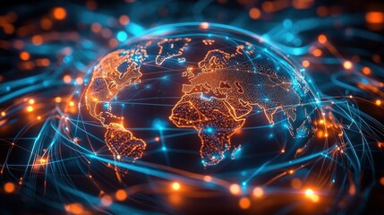 Digital representation of a glowing connected world map with illuminated points and flowing lines symbolizing global data network and communication technology