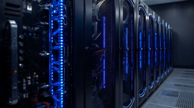 A rack of GPU servers, highlighting the specialized hardware for intensive AI computations.
