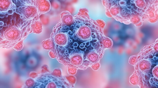 Microscopic view of virus particles with detailed surface proteins and complex structures in blue and pink colors on a blurred background