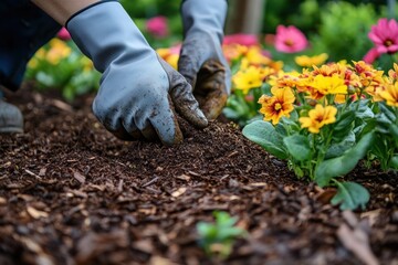 Fototapeta premium Close-up of hands wearing blue gloves planting or tending to soil among vibrant yellow and pink flowers in a garden bed