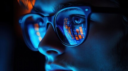 Close-up of a person wearing glasses reflecting colorful digital data and charts, conveying focus and concentration in a low-light environment