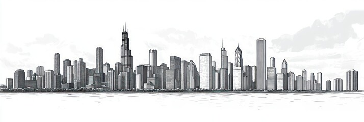Detailed black and white sketch of a modern city skyline with numerous high-rise buildings along a waterfront under a cloudy sky