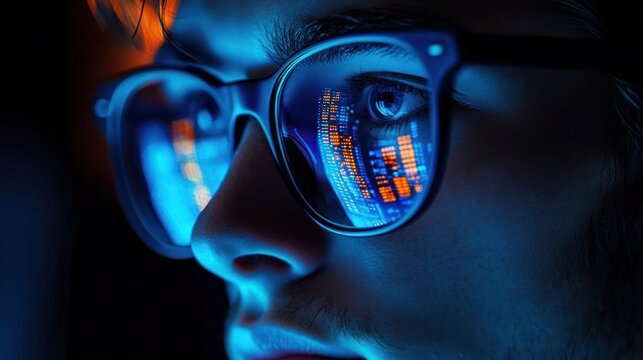 Close-up of a person wearing glasses reflecting colorful digital data and charts, conveying focus and concentration in a low-light environment