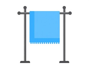 A simplified graphic of a blue rectangular towel draped on a metal towel rack