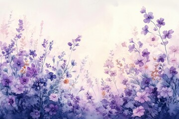 Obraz premium Watercolor painting of delicate purple and lavender flowers with soft greenery on a light pastel background evoking calm and serenity