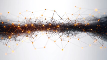 Abstract network of interconnected glowing orange nodes and thin lines on a soft gradient background, representing complex digital or communication connections with a dynamic flow