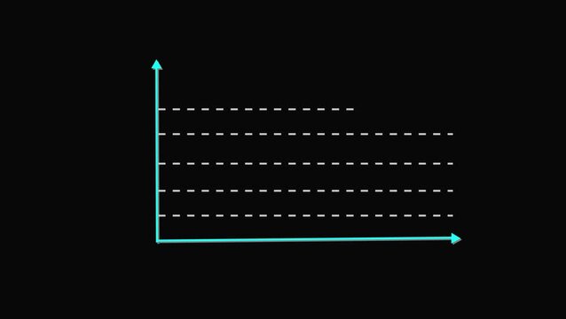 Black background with minimalist 2d line graph cyan axes and dashed line. Simple data chart with x axis and y axis in cyan and dashed horizontal line on black background.