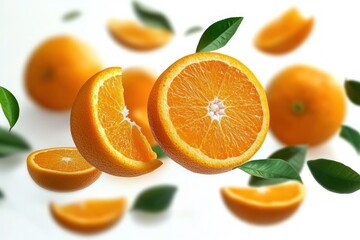 Fototapeta premium Fresh vibrant oranges with green leaves suspended in midair against a clean white background, showcasing whole and sliced citrus fruits radiating freshness and vitality