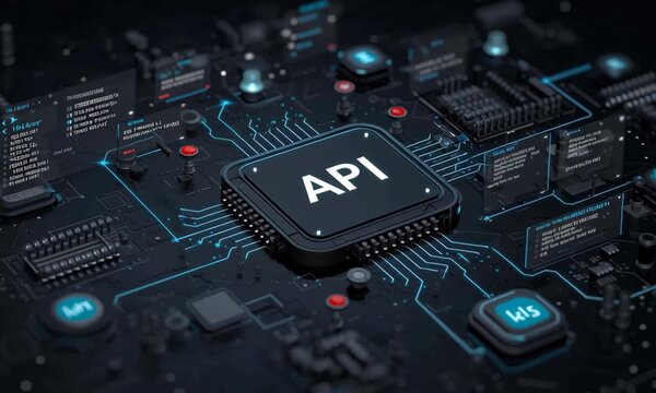A high-tech digital microchip with the word API displayed