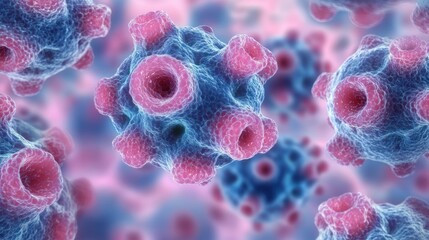 Close-up view of spherical virus particles with textured blue surfaces and multiple pink spike-like protrusions floating in a soft-focus pink and blue environment