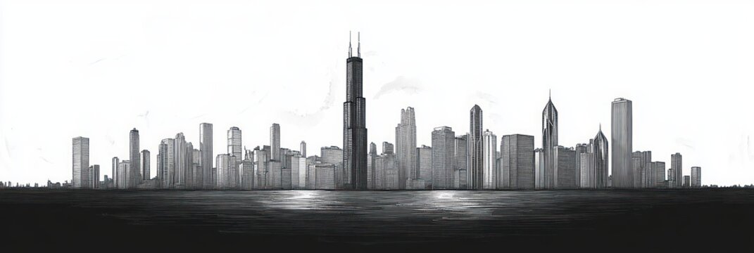 black and white sketch of a city skyline with numerous high-rise buildings reflected in calm water under a cloudy sky