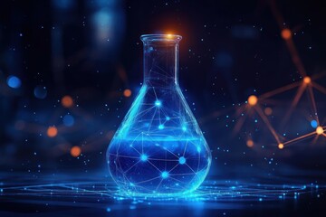 Glowing digital flask with interconnected nodes and lines symbolizing scientific network and innovation with blue and orange light particles in dark background