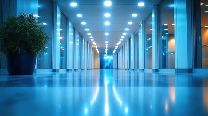Modern illuminated hallway with reflective floor and large glass windows, featuring a green potted plant and symmetrical ceiling lights creating a calming atmosphere