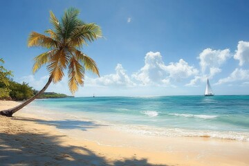 Serene tropical beach scene with a leaning palm tree, golden sand, gentle waves, bright blue sky, fluffy white clouds, and a sailboat on the peaceful ocean