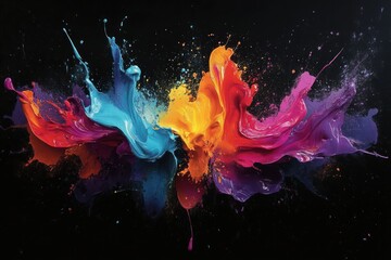 vibrant multicolored paint splashes exploding dynamically against a black background with fluid motion and vivid energy