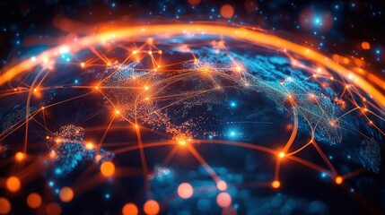 Obraz premium Glowing digital network connections spanning a blue and orange illuminated globe representing global communication and data exchange