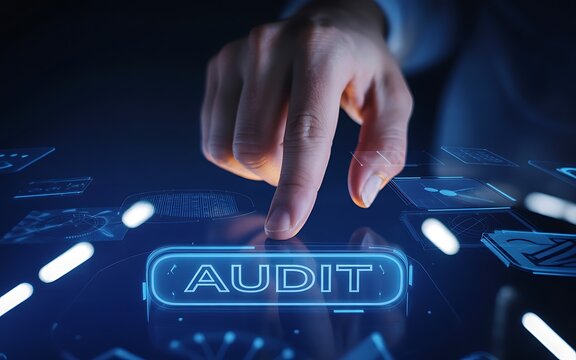 Hand pressing the 'AUDIT' button on a modern digital interface for business
