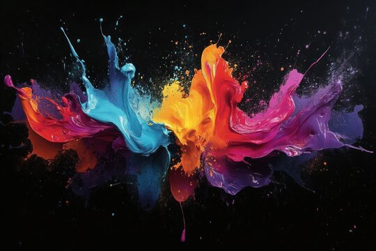 vibrant multicolored paint splashes exploding dynamically against a black background with fluid motion and vivid energy