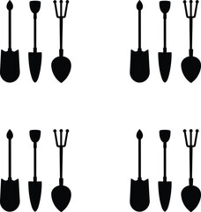 Naklejka premium Vector illustration sets of gardening tools including shovels and forks in a silhouette style. 