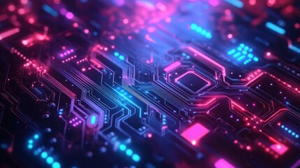 Close-up of an illuminated circuit board with glowing pink and blue electronic pathways and components conveying advanced technology and connectivity