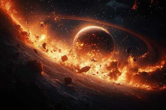 Explosive cosmic scene of a glowing planet surrounded by fiery debris and asteroid fragments in a dark space environment