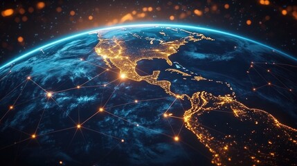 View of the Earth's western hemisphere at night showing illuminated connected cities from North to South America with bright lights and network lines against a dark space background