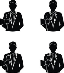 Vector identical journalist silhouettes holding microphones and notepads premium illustration. 