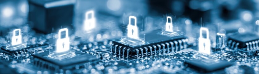 Close up of electronic circuit board with multiple integrated chips and glowing LED indicators in a dark technical environment