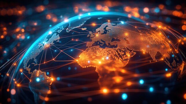 Glowing digital globe showcasing illuminated continents connected by vibrant orange and blue network lines symbolizing global communication and technology