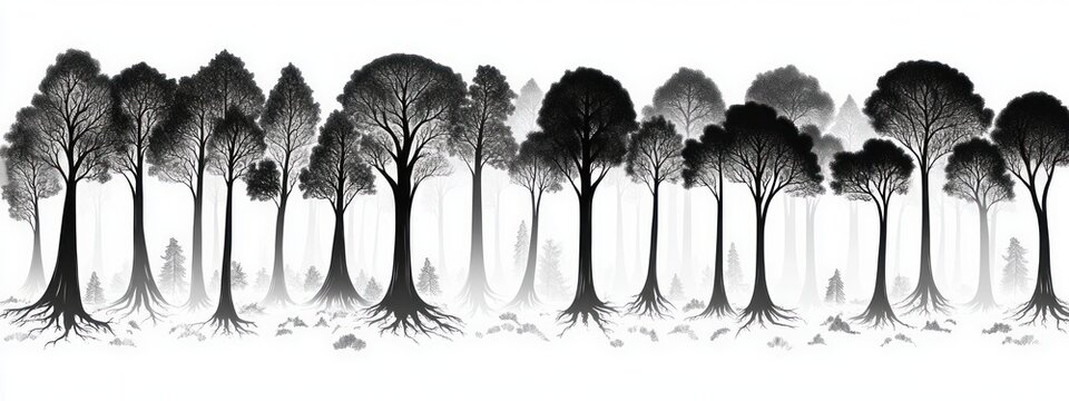 Monochrome silhouette of tall, leafless trees in a dense forest with visible roots and foggy background creating a mysterious atmosphere
