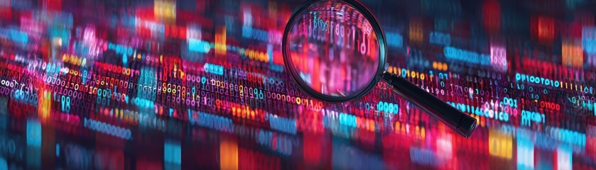 Close up of a computer screen displaying colorful binary code and digital data with magnifying glass highlighting cybersecurity concept