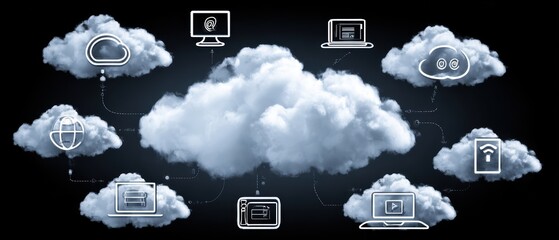 Cloud computing technology concept with multiple interconnected cloud icons and digital devices on black background