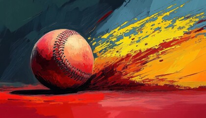 Dynamic artistic painting of a baseball with vivid fiery streaks on a textured background conveying motion and energy