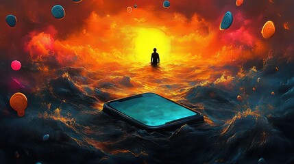 Silhouetted figure facing a glowing orange sun rising over turbulent water with a large smartphone partially submerged, surrounded by floating colorful orbs, evoking solitude and contemplation