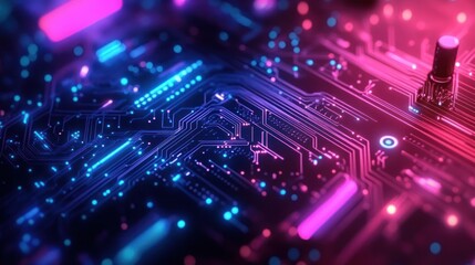 Close-up of glowing futuristic circuit board with vibrant blue and pink lights illustrating advanced technology and data flow