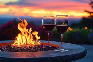 Two glasses of red wine on a round stone table next to a glowing fire pit with flames at sunset with colorful sky and blurred nature background