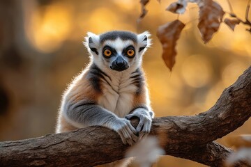Obraz premium close-up of alert lemur sitting on tree branch surrounded by autumn leaves with warm golden background