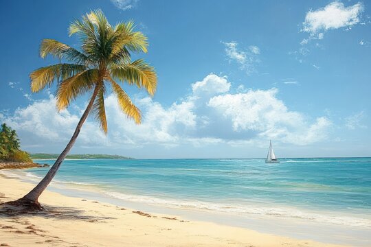 Sunny tropical beach scene with a single leaning palm tree, gentle waves, clear blue sky with scattered clouds, and a small sailboat on the horizon - Powered by Adobe