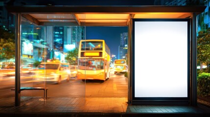 Urban city bus stop shelter with blank advertisement board overlooking busy street at night with moving vehicles and illuminated buildings